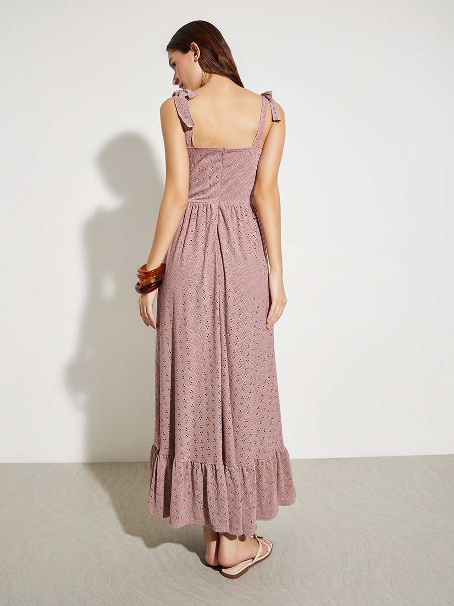 Pink Square Neck Eyelet Maxi Dress