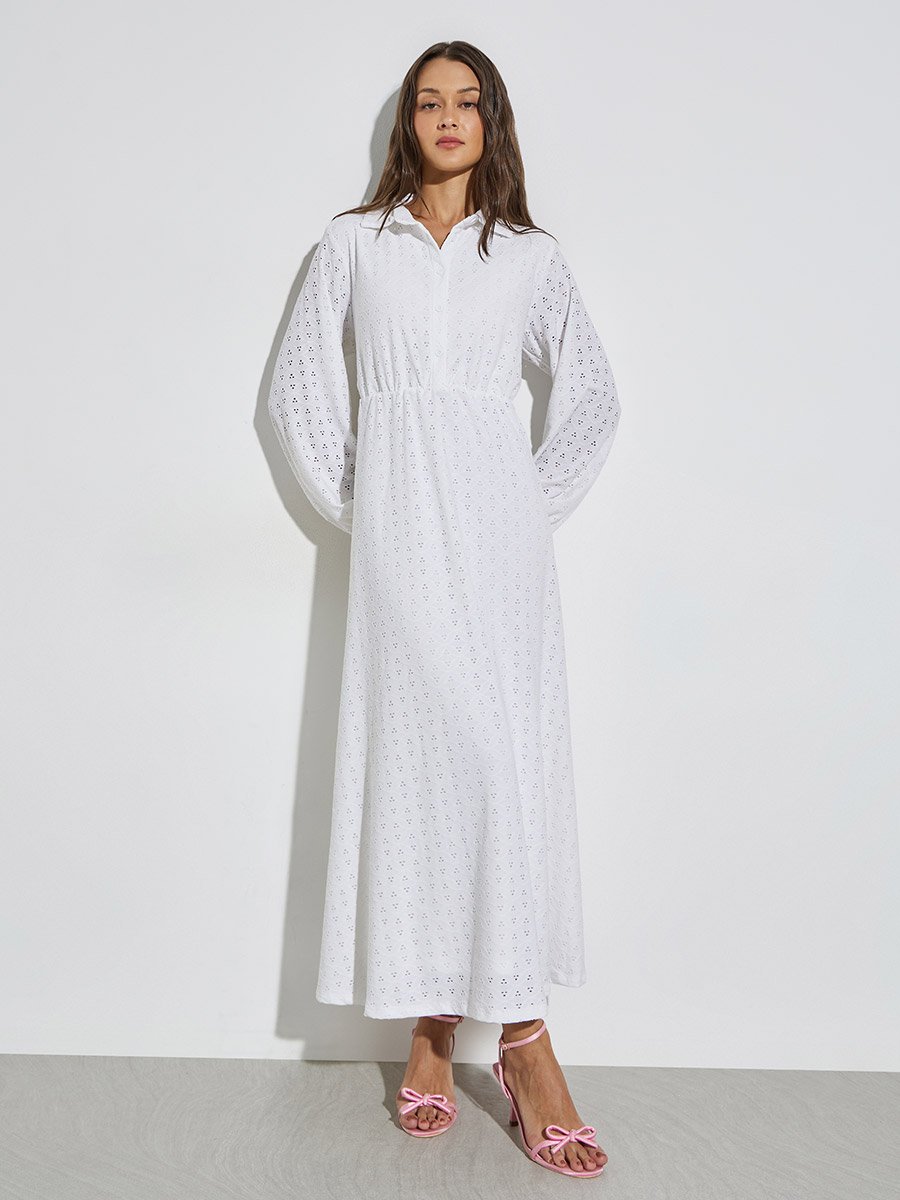 Off White Eyelet Shirt Maxi Dress