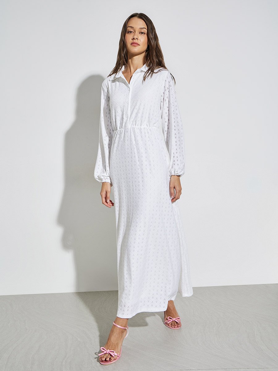 Off White Eyelet Shirt Maxi Dress