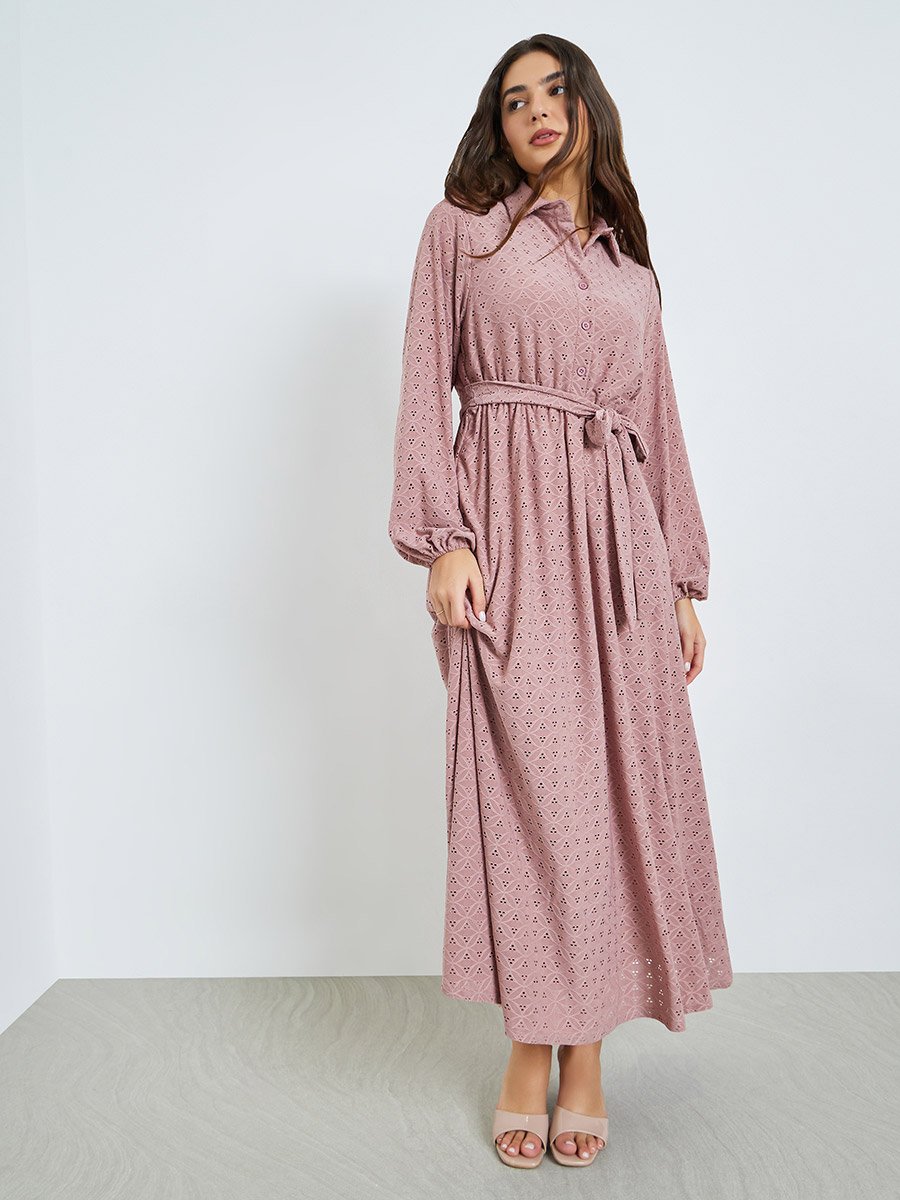 Pink Eyelet Shirt Maxi Dress with Tie-Blet