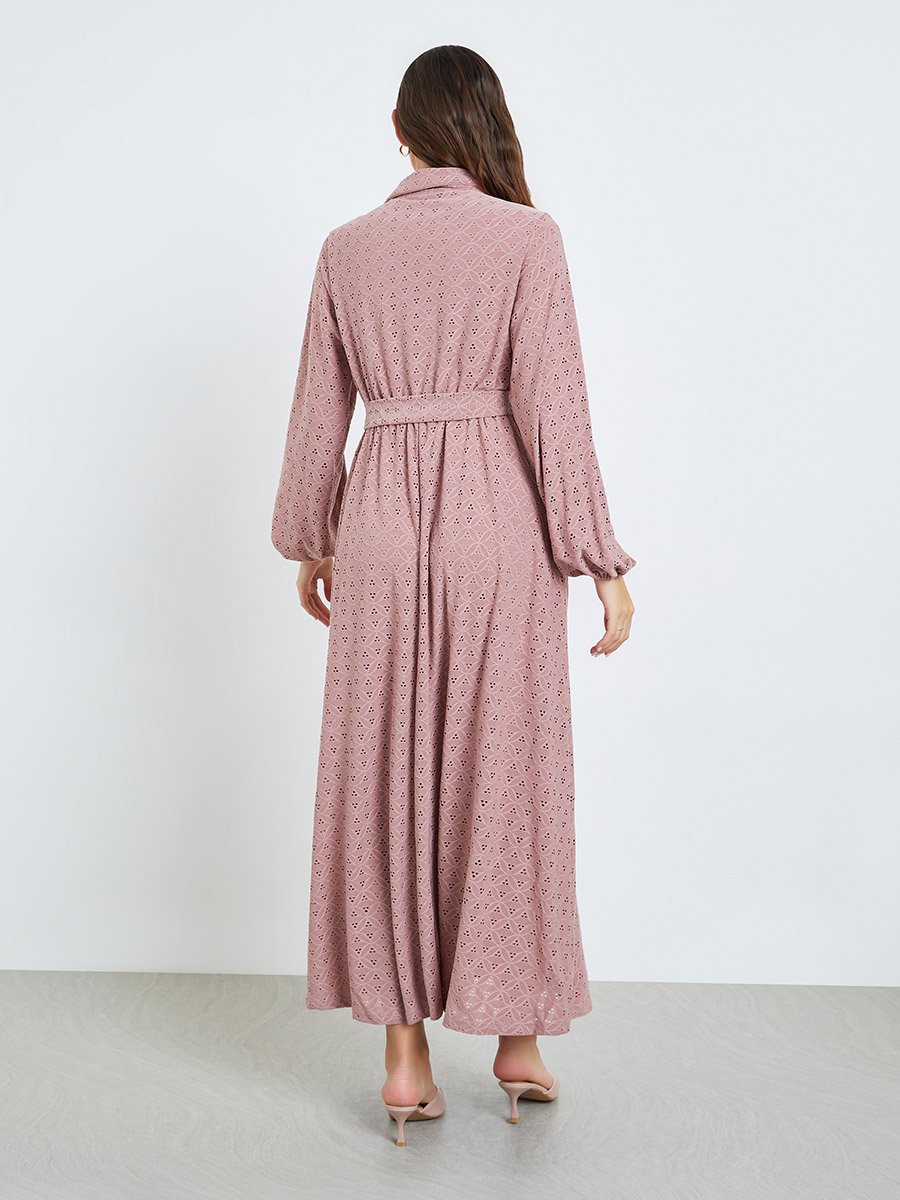 Pink Eyelet Shirt Maxi Dress with Tie-Blet