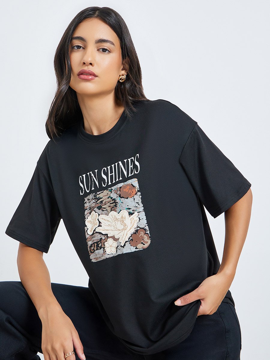 Black Graphic Floral Print Short Sleeve T-Shirt