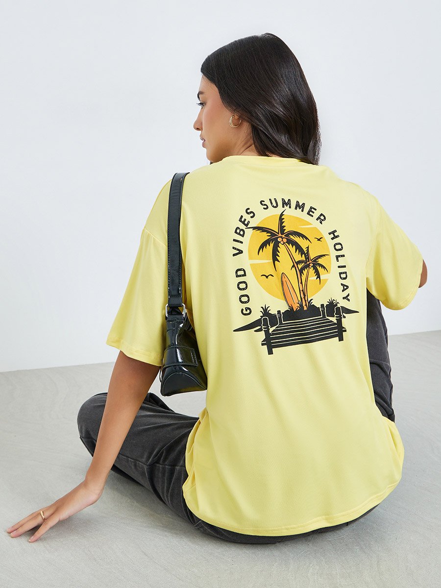 Yellow Graphic Back Palm Print T-Shirt