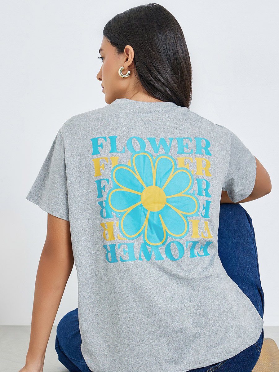 Grey Floral Graphic Print Round Neck T-Shirt