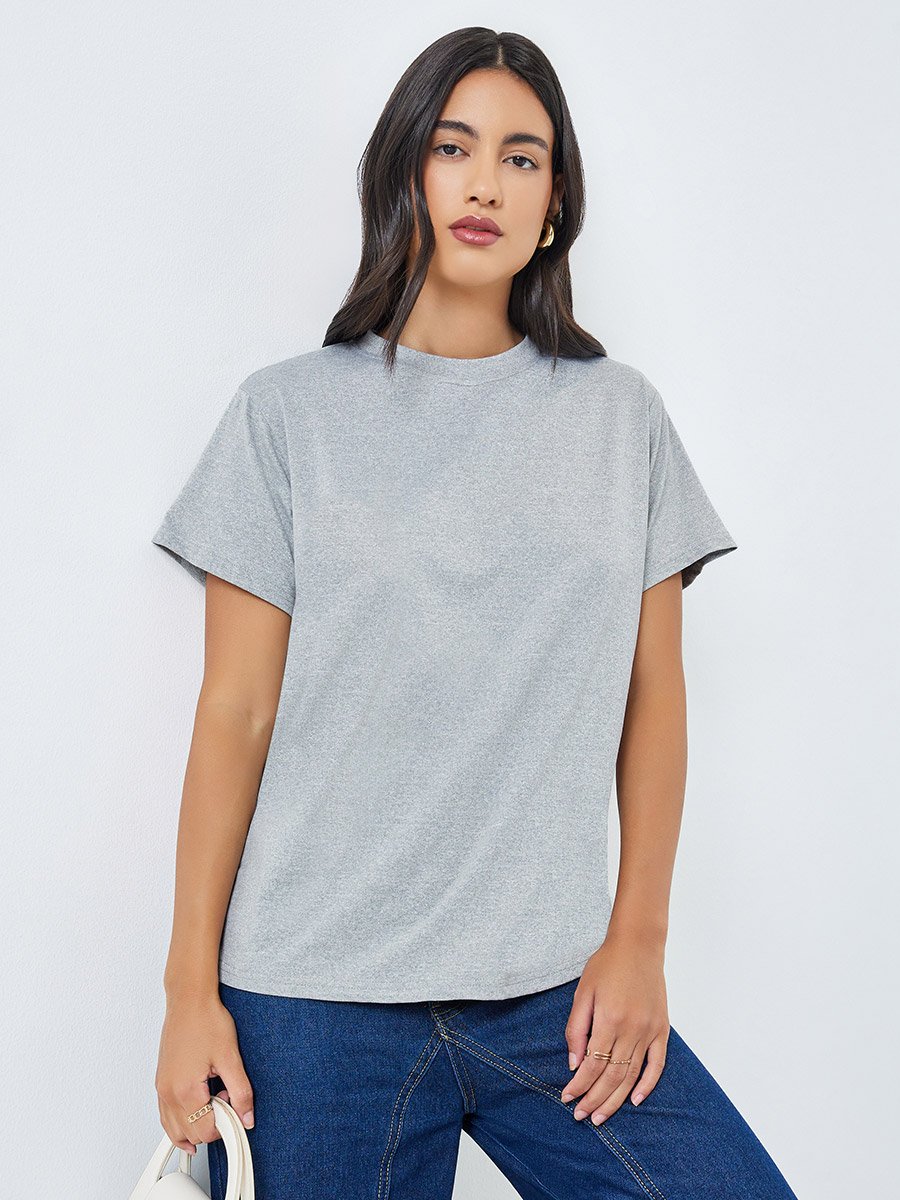 Grey Floral Graphic Print Round Neck T-Shirt