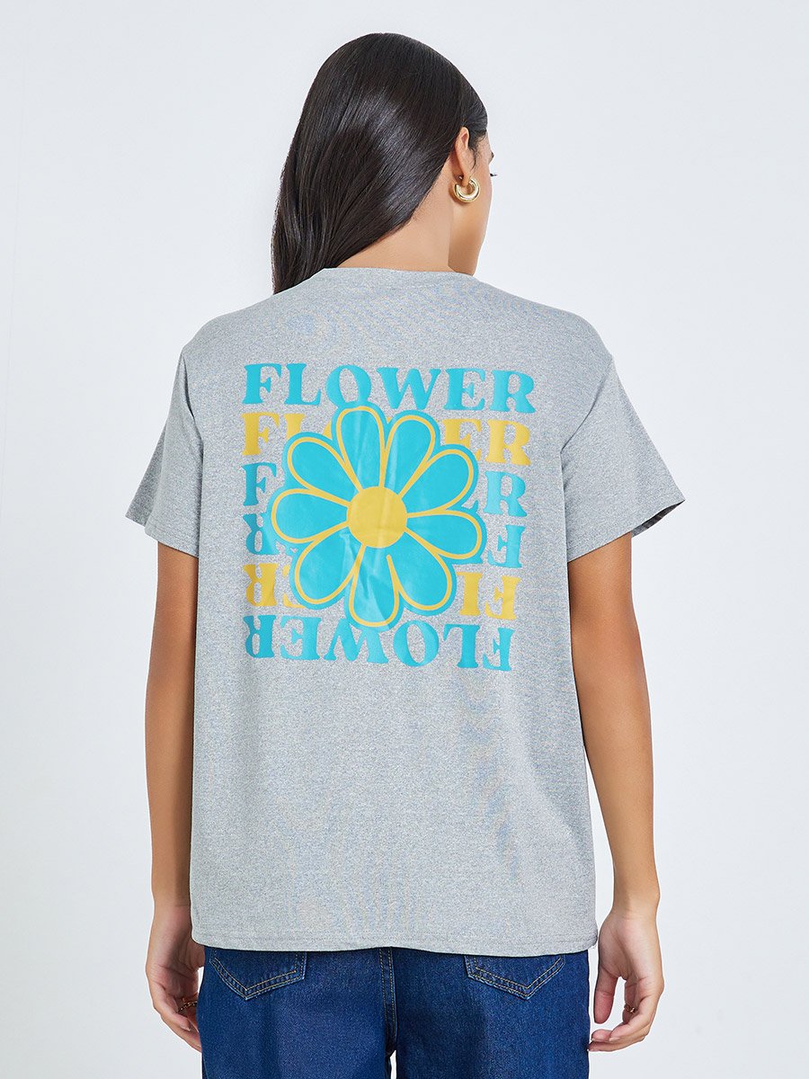 Grey Floral Graphic Print Round Neck T-Shirt