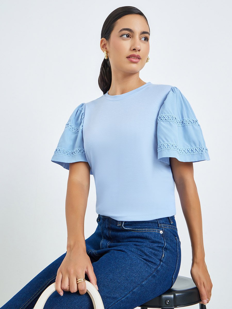 Blue Lace Trim Short Sleeve T-Shirt