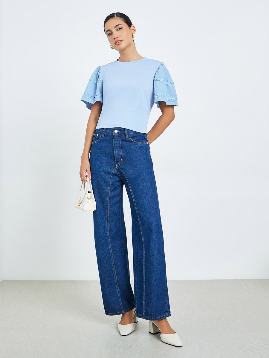 Blue Lace Trim Short Sleeve T-Shirt