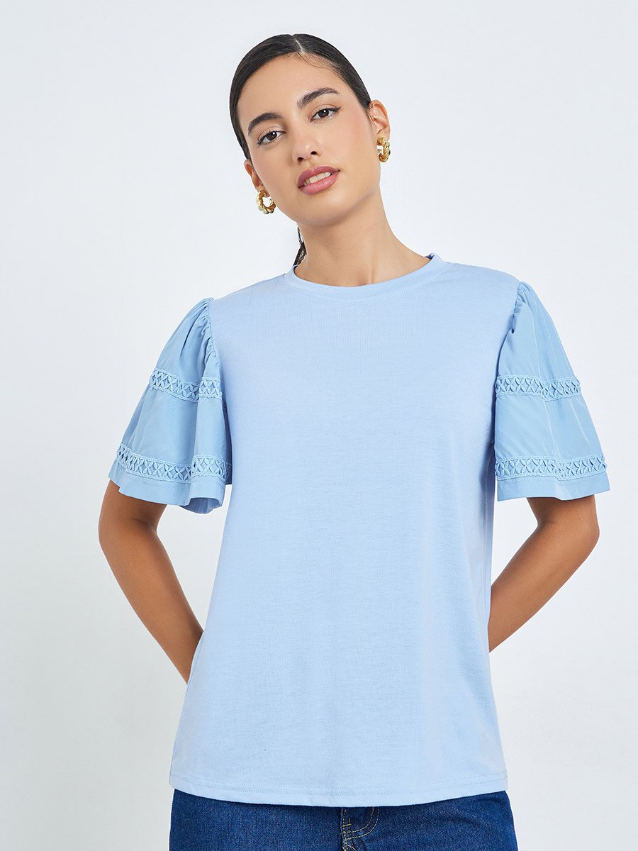 Blue Lace Trim Short Sleeve T-Shirt