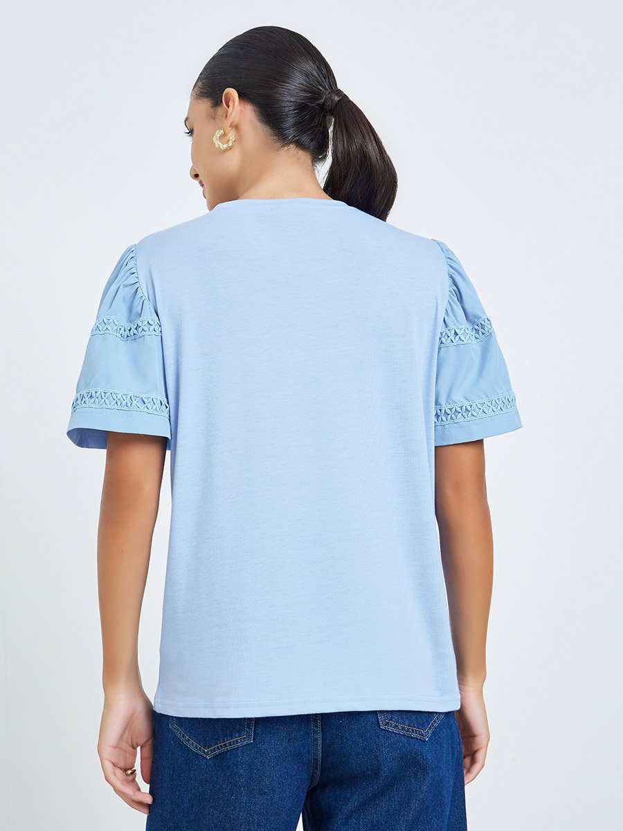 Blue Lace Trim Short Sleeve T-Shirt