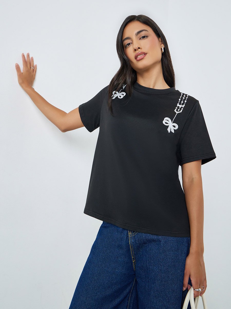 Black Graphic Bow Print Short Sleeve T-Shirt