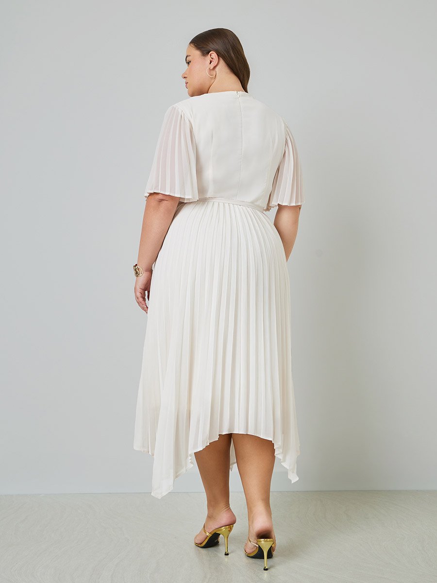 plus size asymmetric pleated dress Olympia Asymmetrical Pleated Midi Dress- Black S