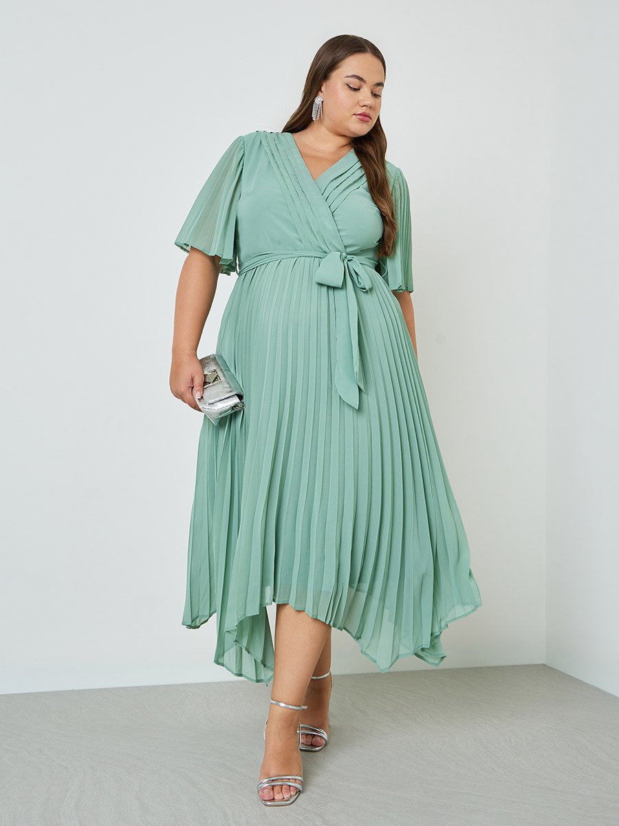 plus size asymmetric pleated dress Olympia Asymmetrical Pleated Midi Dress- Black S