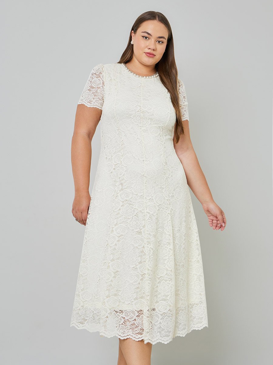 Plus Size Lace Overlay A-Line Midi Dress