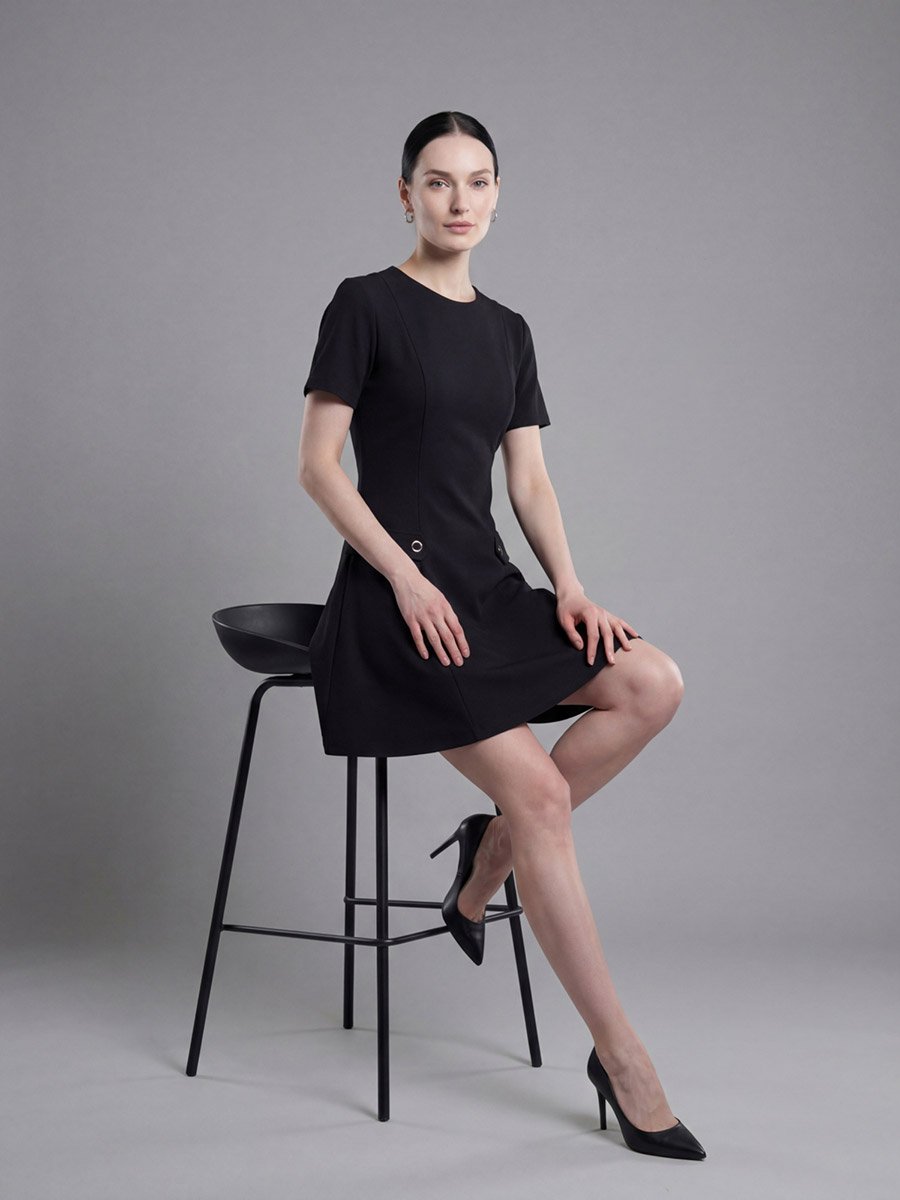 Black Short Sleeve A-Line Mini Dress For Women at UAE | Styli