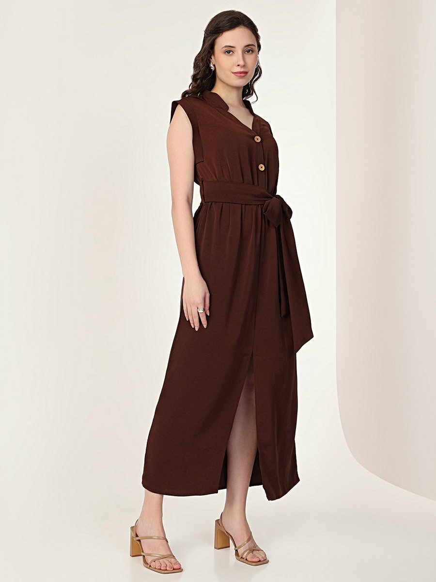 Brown Sleeveless Midi Dress with Front Slit