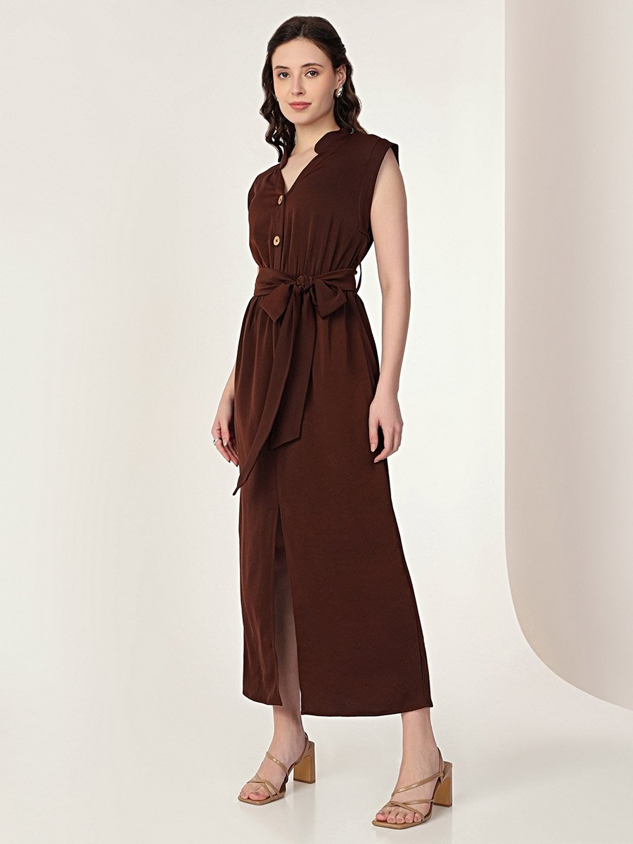 Brown Sleeveless Midi Dress with Front Slit