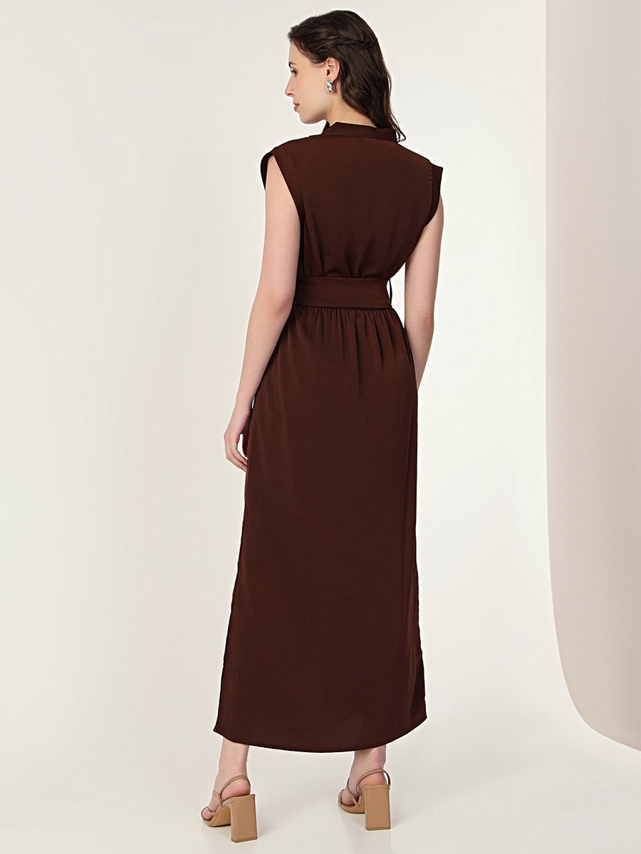 Brown Sleeveless Midi Dress with Front Slit