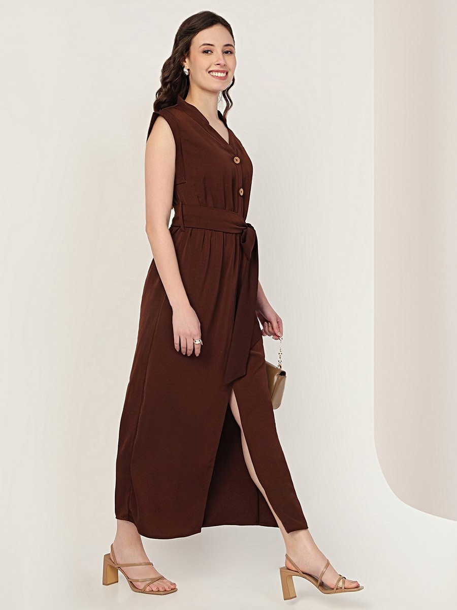 Brown Sleeveless Midi Dress with Front Slit
