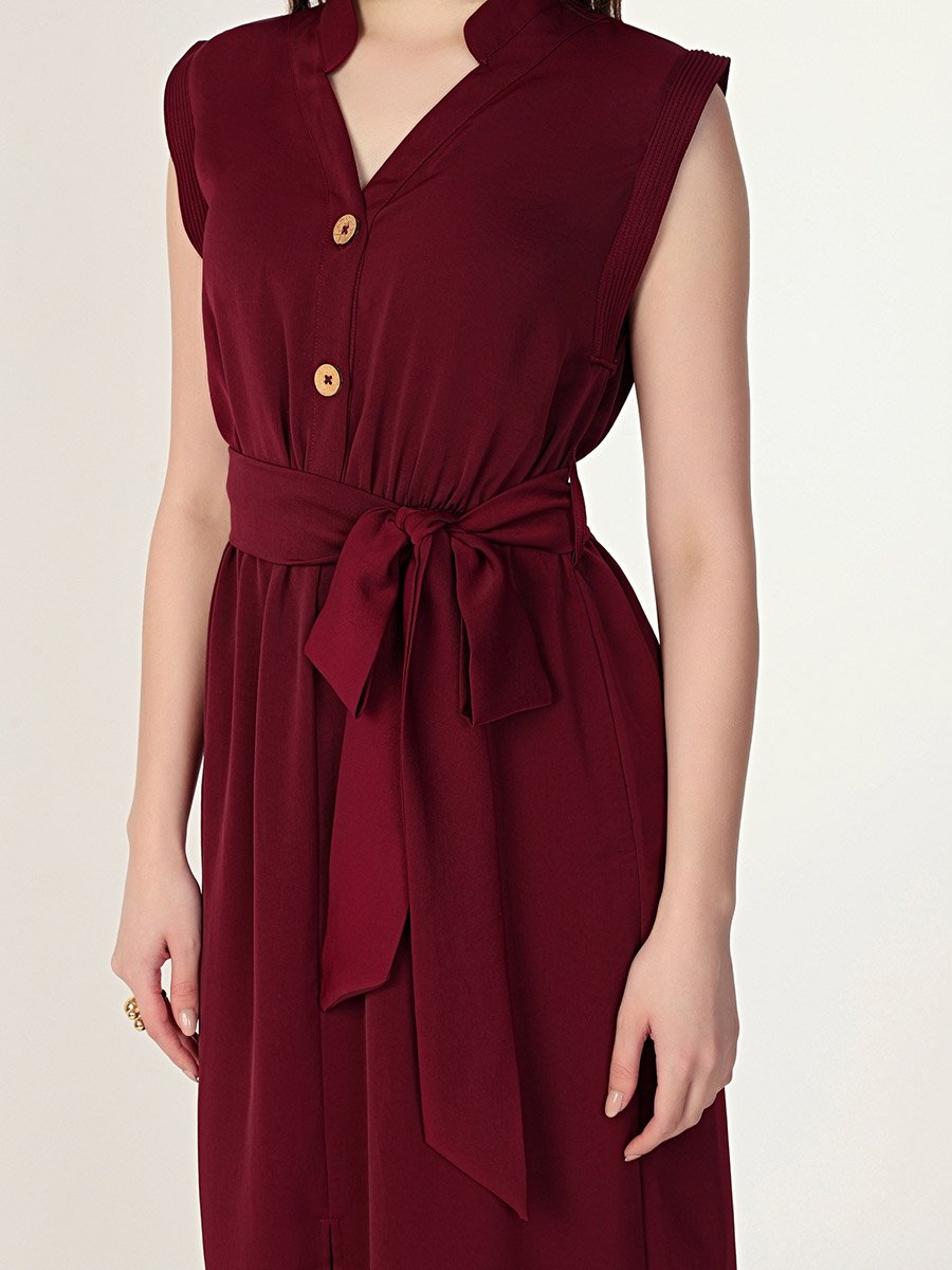 Burgundy Sleeveless Midi Dress with Front Slit