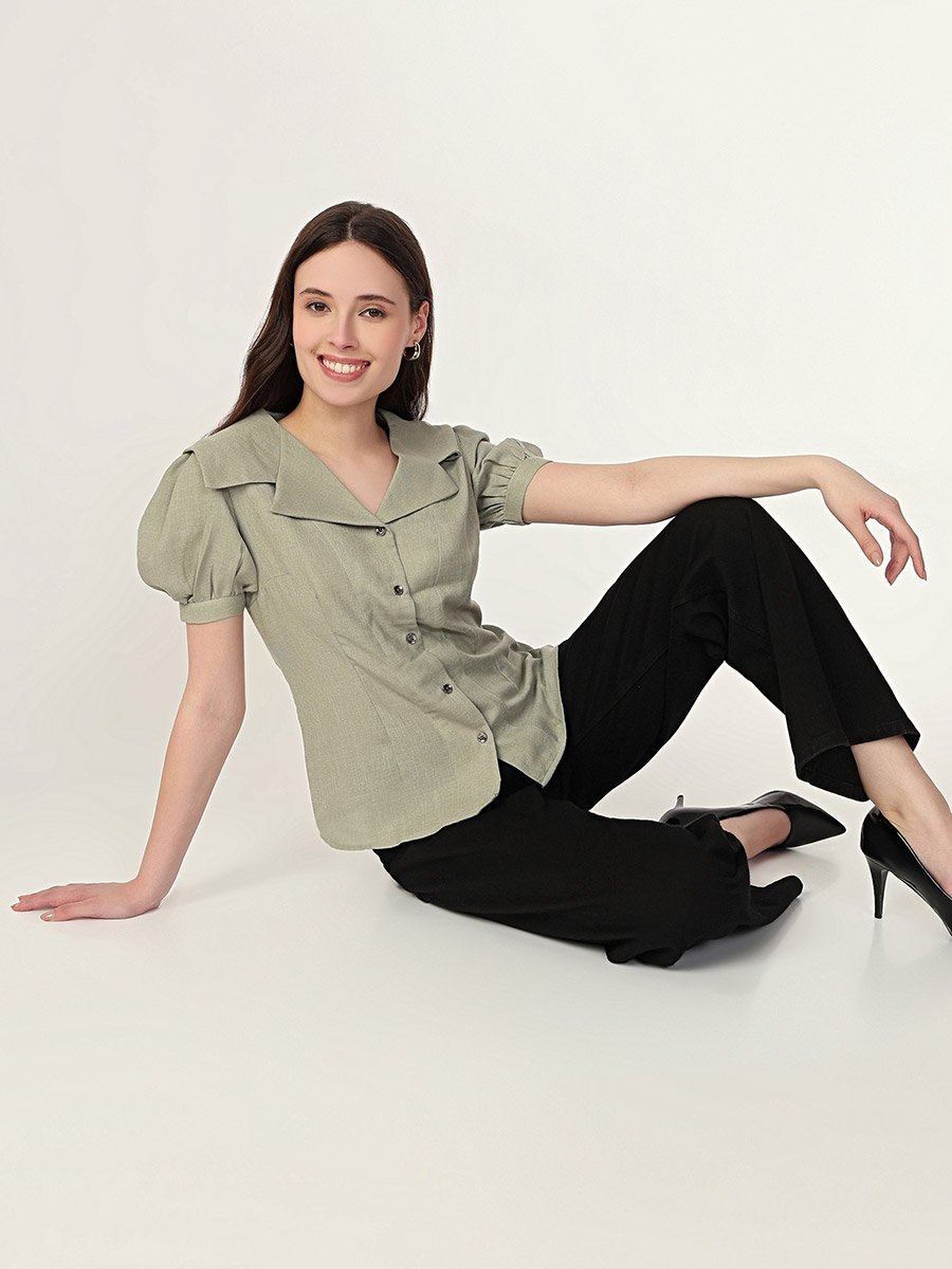 Green Puff Sleeve Shirt with Peter Pan Collar