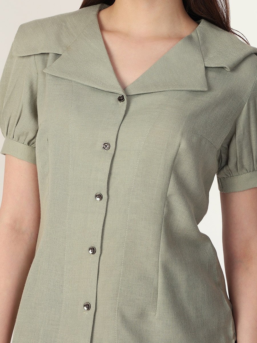 Green Puff Sleeve Shirt with Peter Pan Collar
