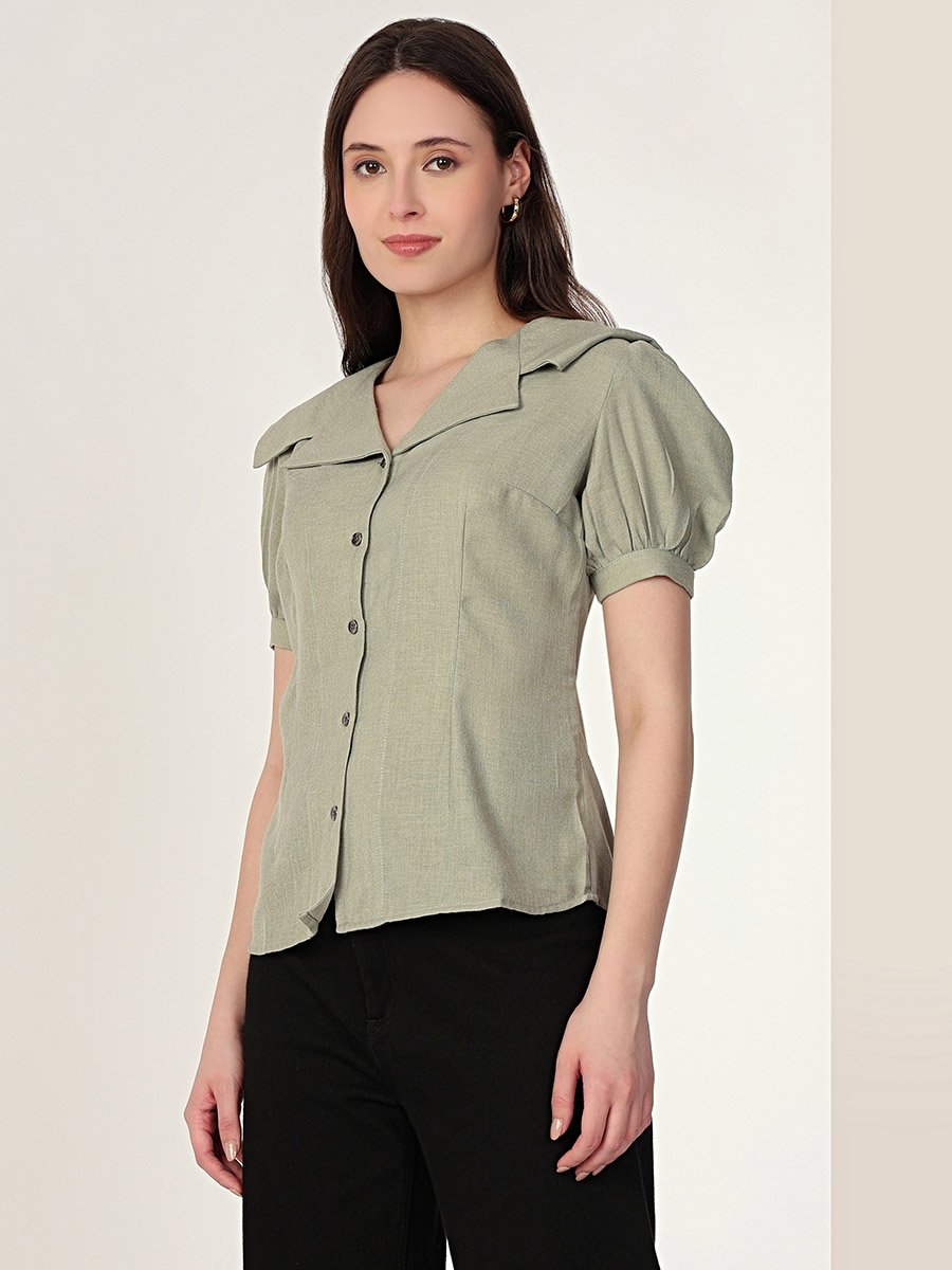 Green Puff Sleeve Shirt with Peter Pan Collar