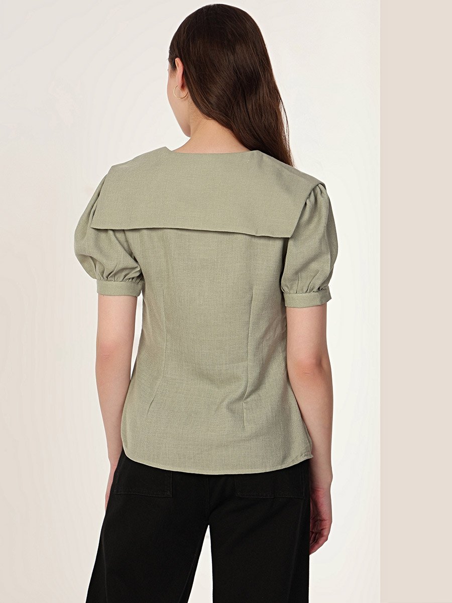 Green Puff Sleeve Shirt with Peter Pan Collar