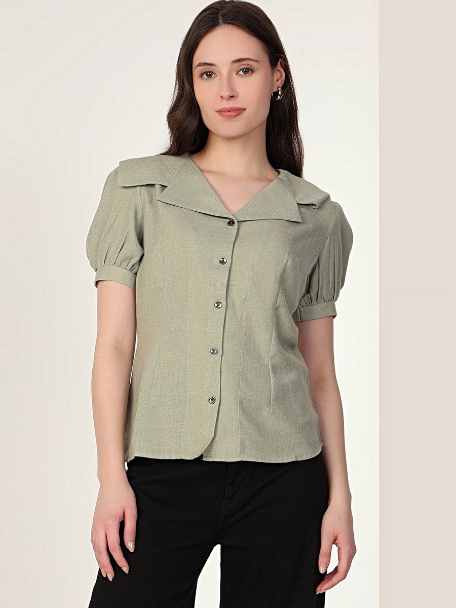 Green Puff Sleeve Shirt with Peter Pan Collar