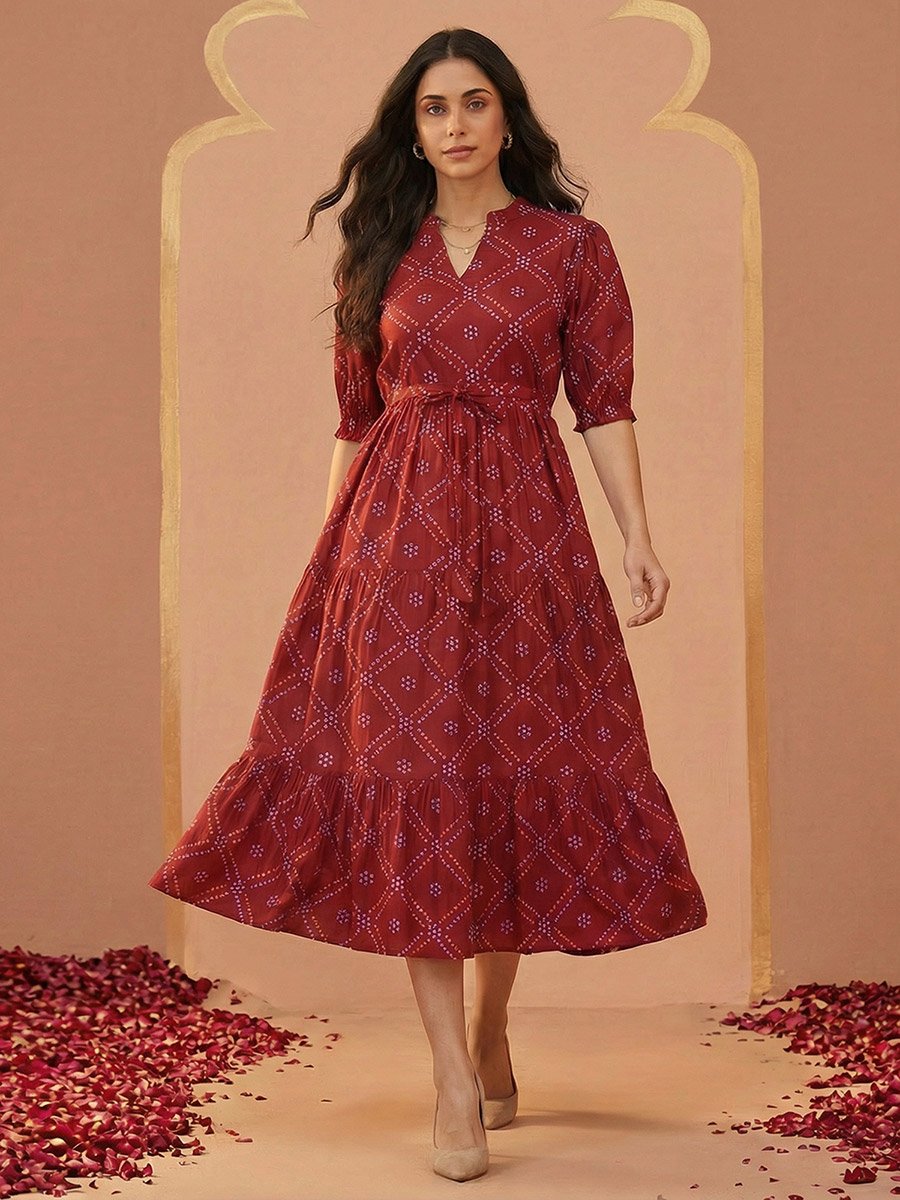 Red Bandhani Print Midi Tiered Midi Dress For Women at Kuwait | Styli