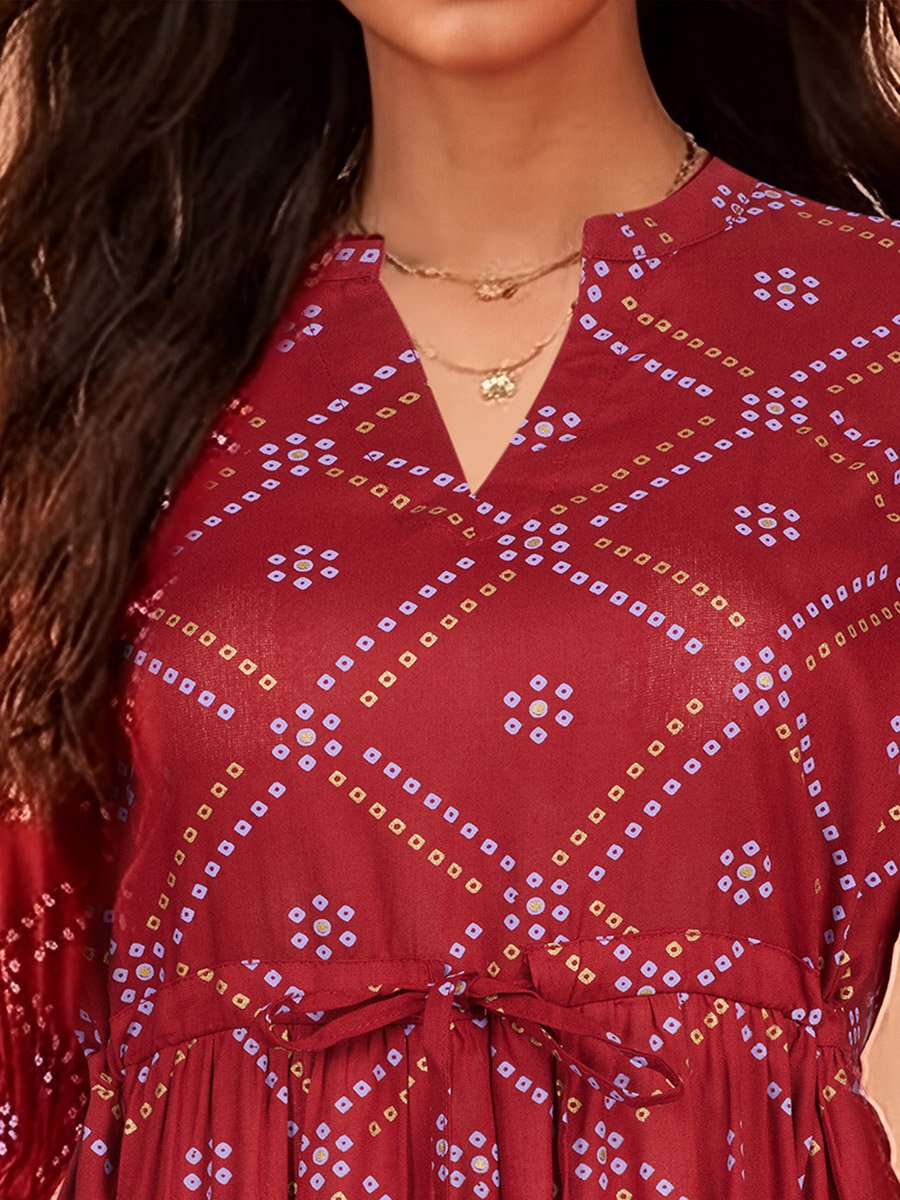 Red Bandhani Print Midi Tiered Midi Dress For Women at Kuwait | Styli