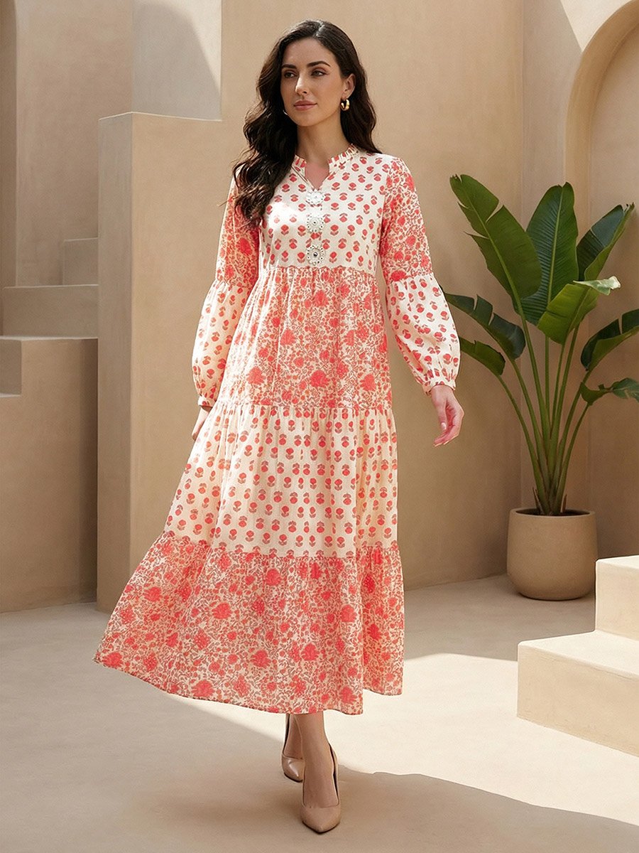 Off White Floral Printed Mandarin Collar Tiered Maxi Dress