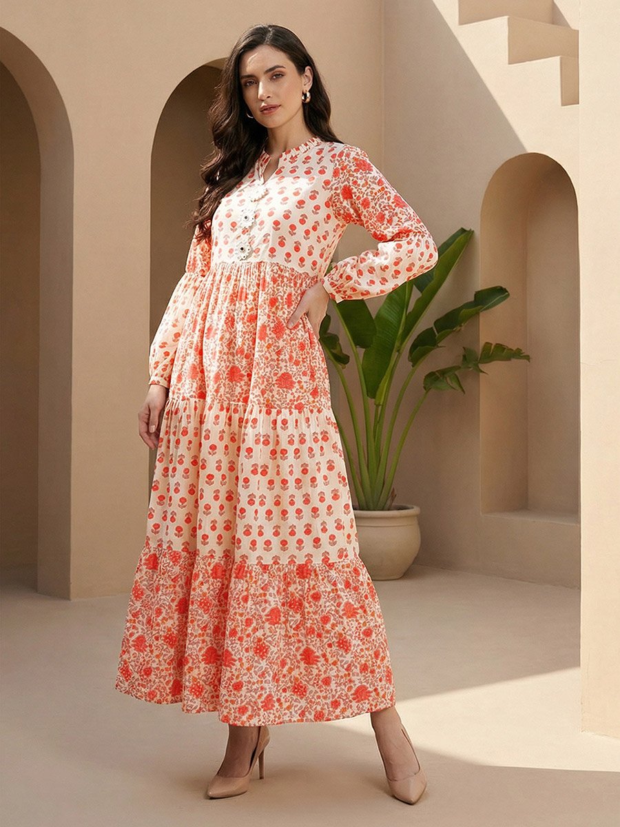 Off White Floral Printed Mandarin Collar Tiered Maxi Dress