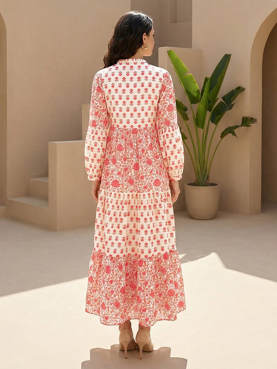 Off White Floral Printed Mandarin Collar Tiered Maxi Dress