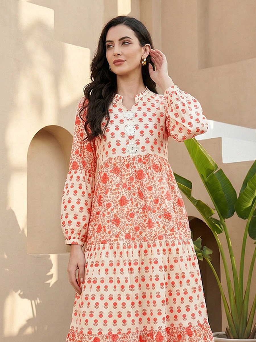 Off White Floral Printed Mandarin Collar Tiered Maxi Dress
