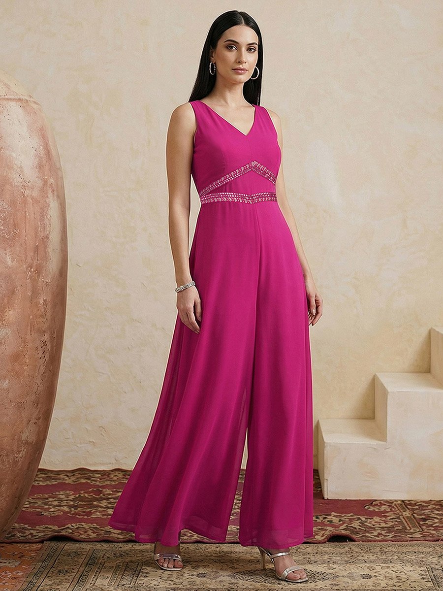 Pink Embroidered Detail Georgette Festive Jumpsuit