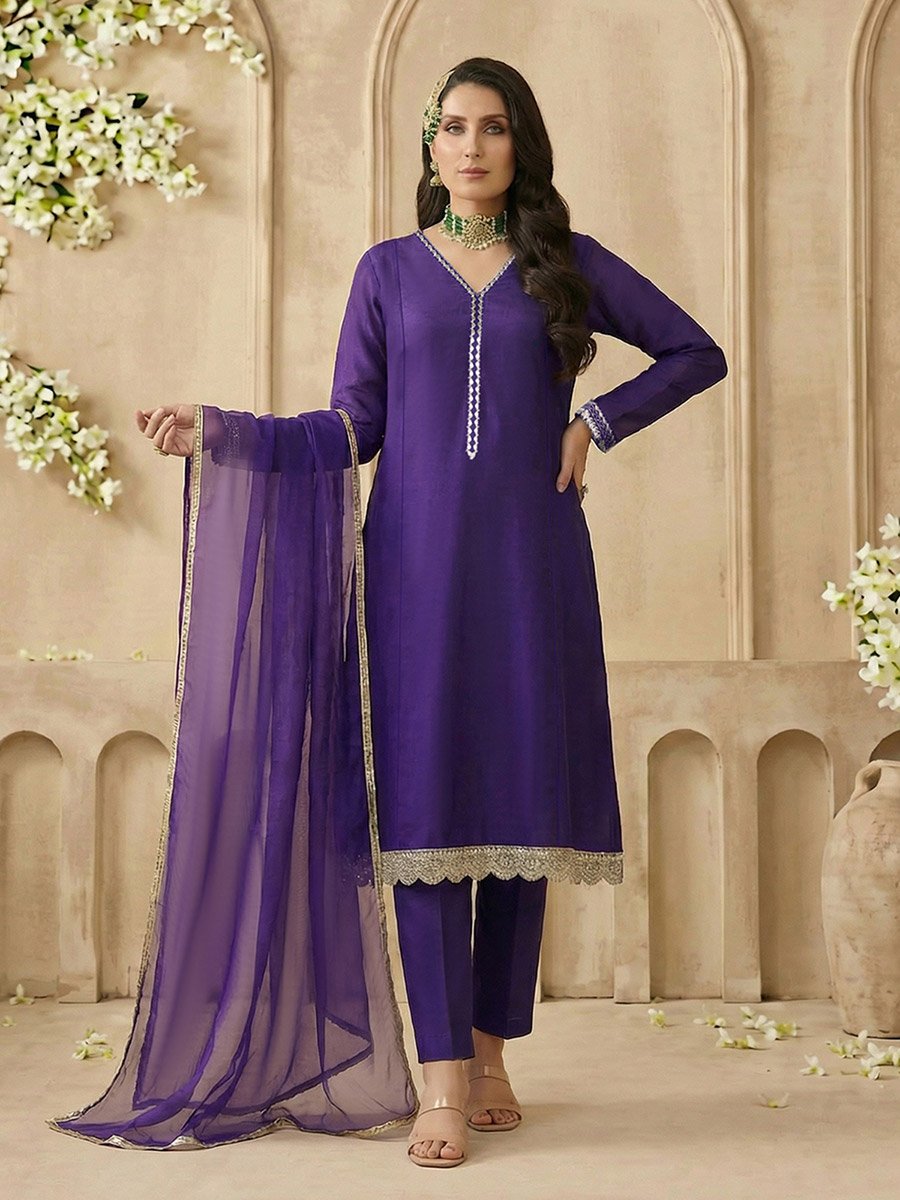 Purple V-Neck Zari Embroidered Lace A-Line Kurta with Wide Leg Pants and Dupatta Set