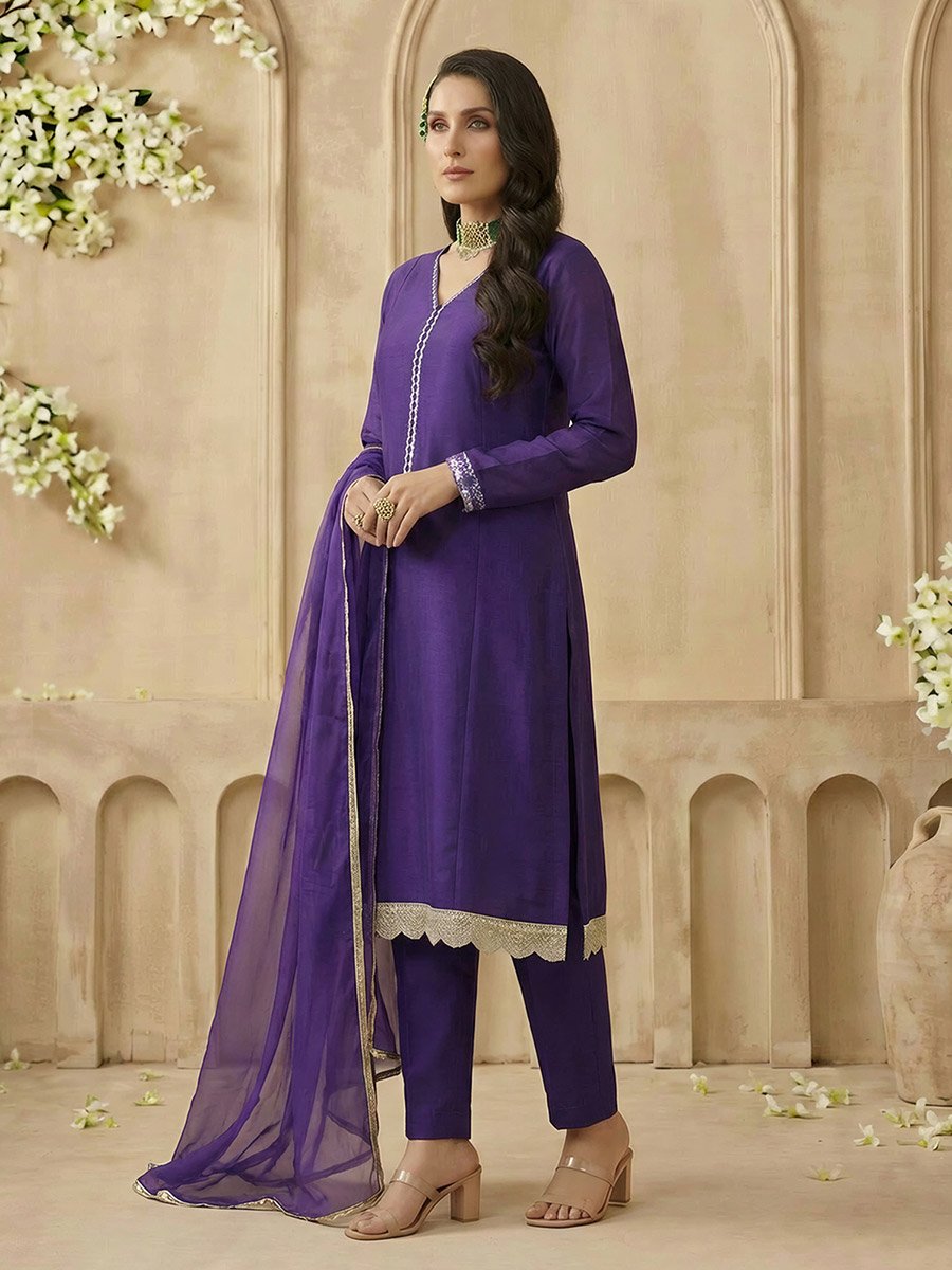 Purple V-Neck Zari Embroidered Lace A-Line Kurta with Wide Leg Pants and Dupatta Set
