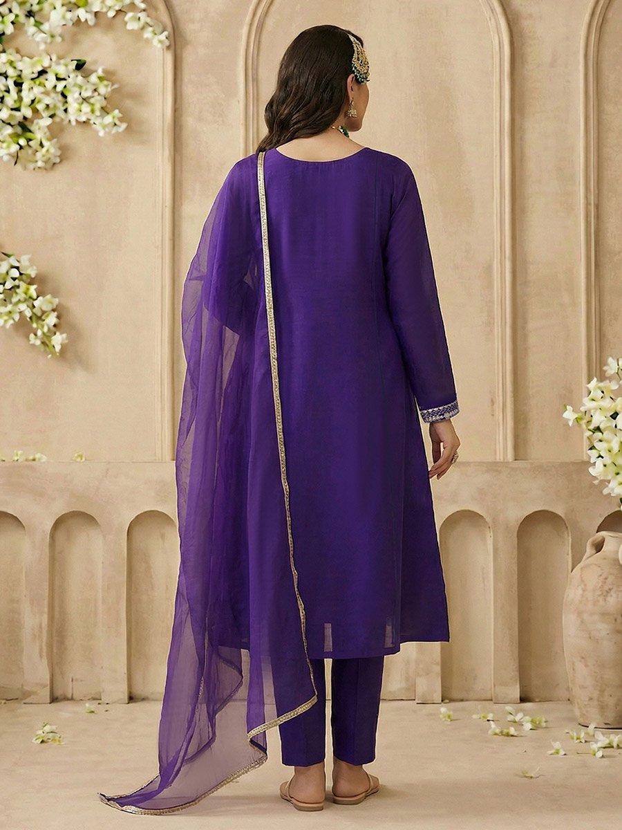 Purple V-Neck Zari Embroidered Lace A-Line Kurta with Wide Leg Pants and Dupatta Set