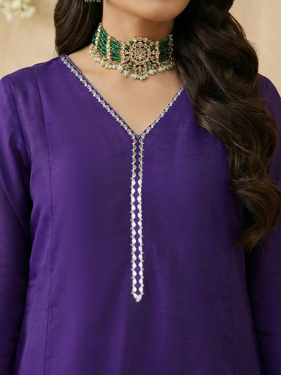 Purple V-Neck Zari Embroidered Lace A-Line Kurta with Wide Leg Pants and Dupatta Set