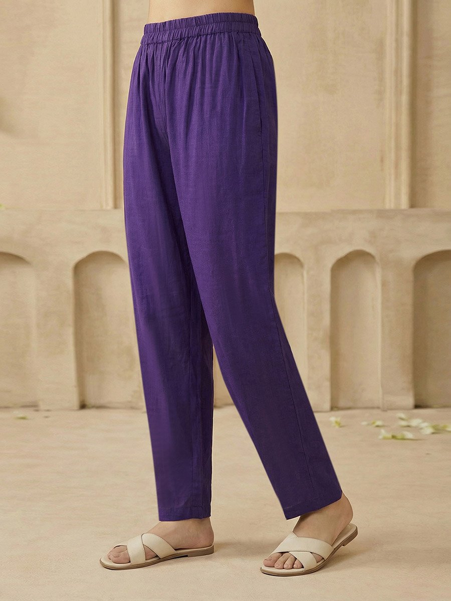 Purple V-Neck Zari Embroidered Lace A-Line Kurta with Wide Leg Pants and Dupatta Set