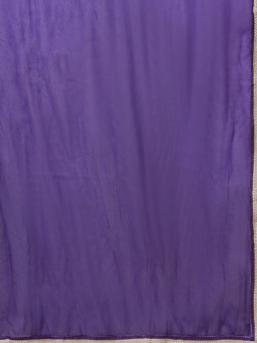 Purple V-Neck Zari Embroidered Lace A-Line Kurta with Wide Leg Pants and Dupatta Set