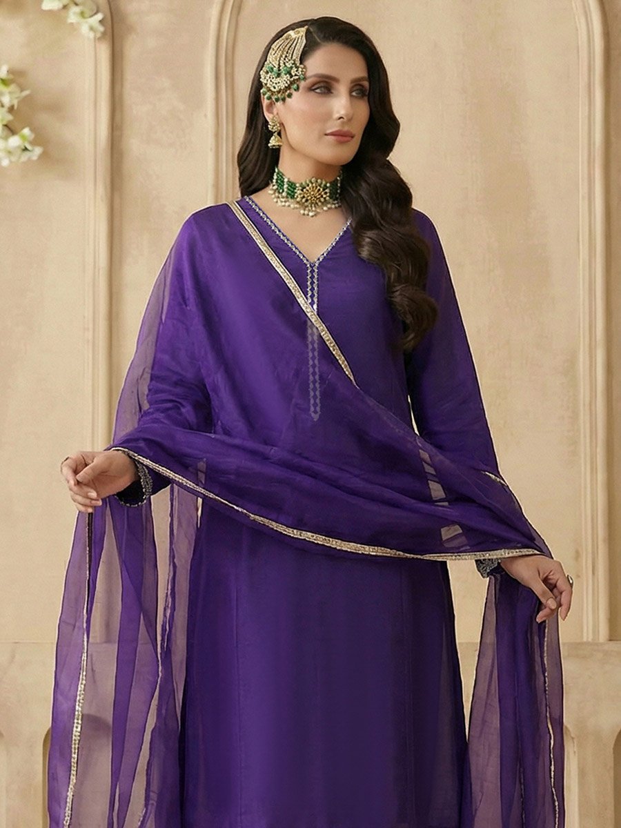 Purple V-Neck Zari Embroidered Lace A-Line Kurta with Wide Leg Pants and Dupatta Set