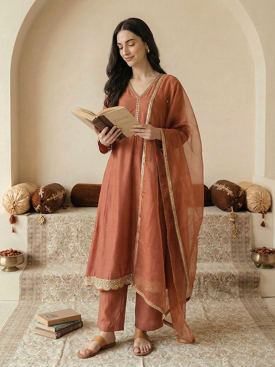 Orange V-Neck Zari Embroidered A-Line Kurta with Pants and Dupatta Set