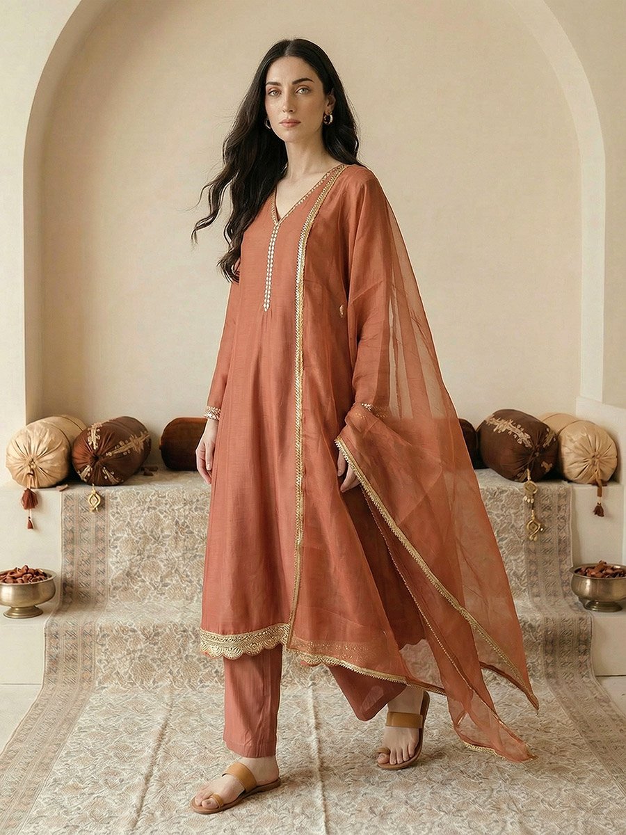 Orange V-Neck Zari Embroidered A-Line Kurta with Pants and Dupatta Set