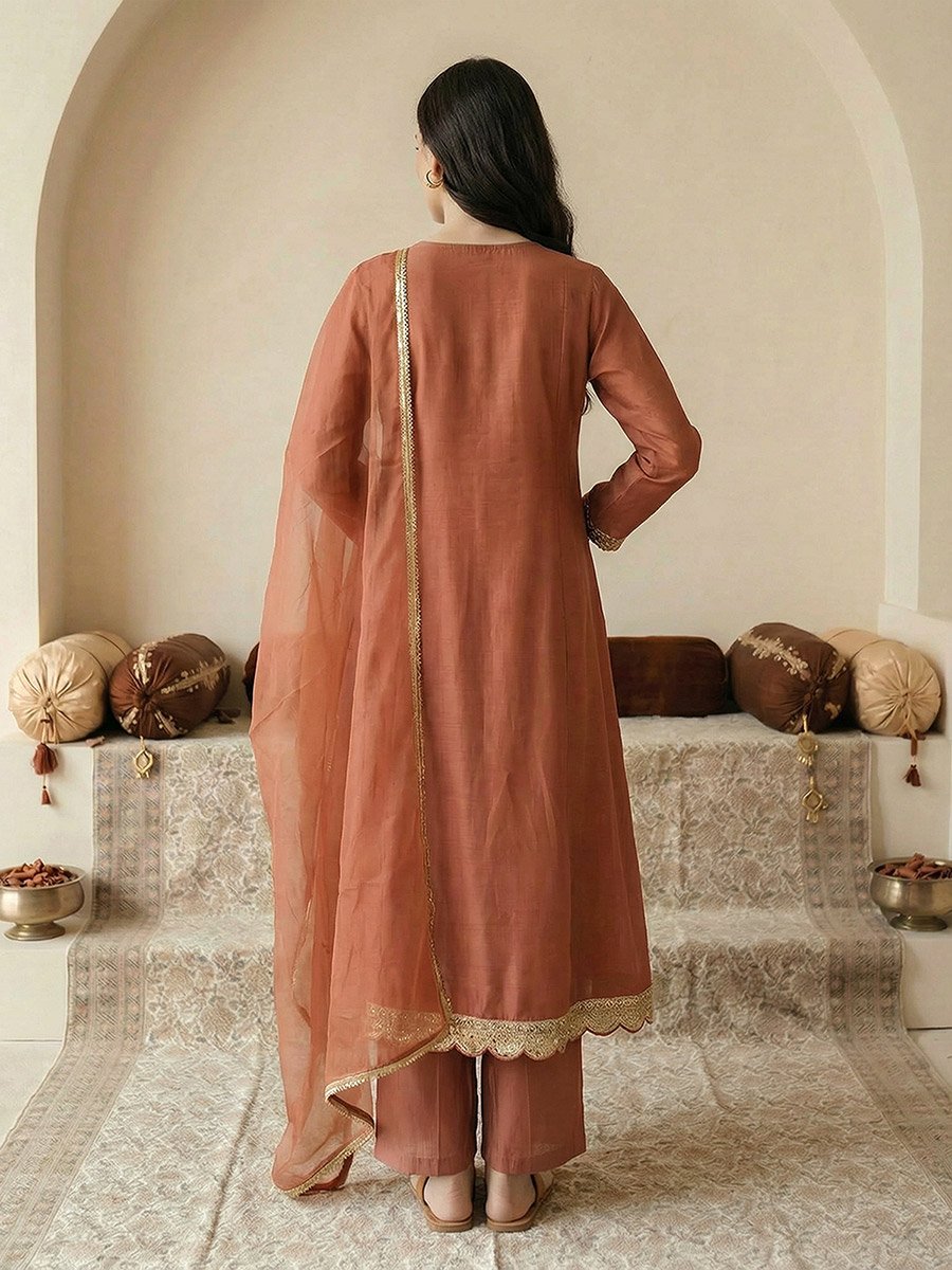Orange V-Neck Zari Embroidered A-Line Kurta with Pants and Dupatta Set