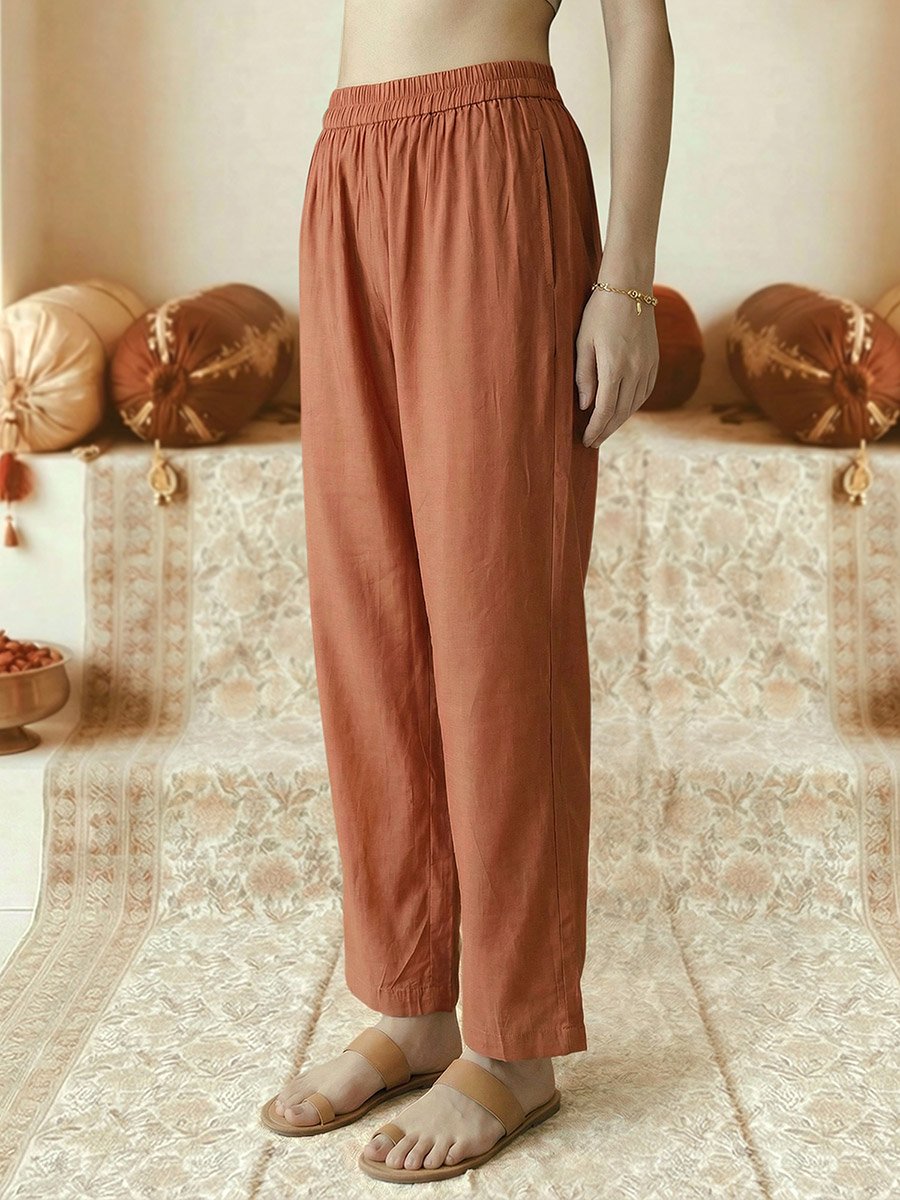 Orange V-Neck Zari Embroidered A-Line Kurta with Pants and Dupatta Set