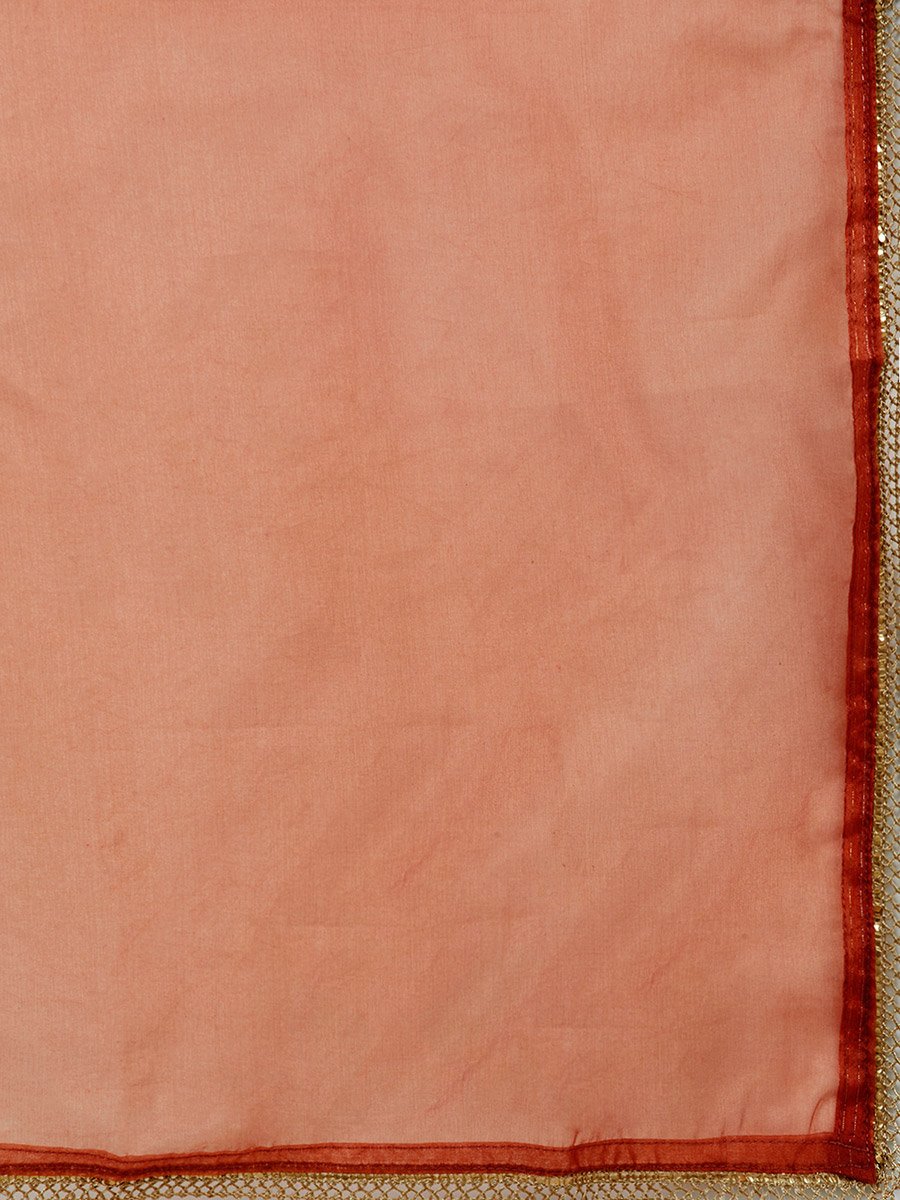 Orange V-Neck Zari Embroidered A-Line Kurta with Pants and Dupatta Set