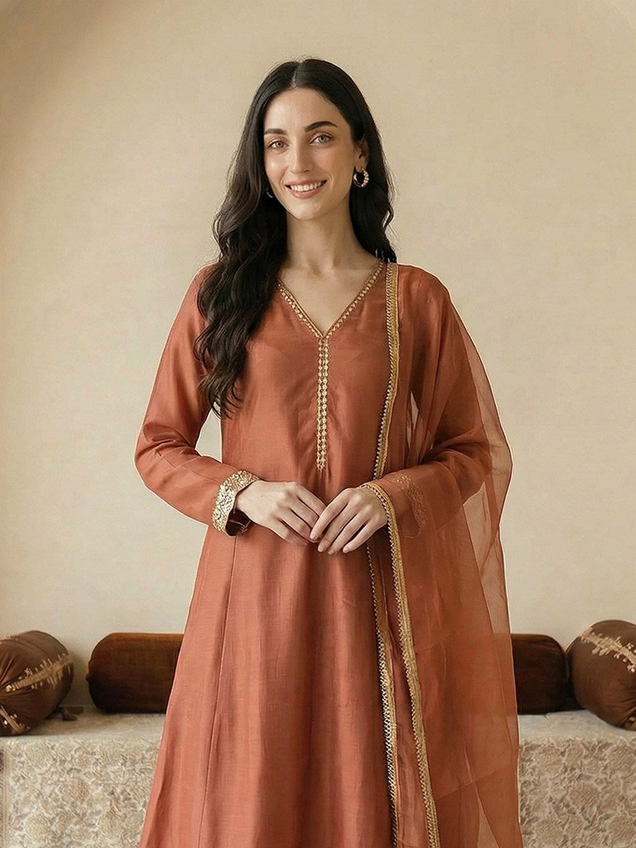 Orange V-Neck Zari Embroidered A-Line Kurta with Pants and Dupatta Set