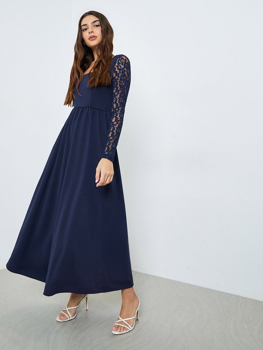 Navy Blue Lace Sleeves A-Line Maxi Dress